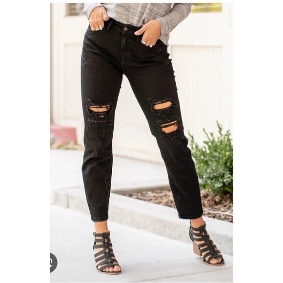 Judy Blue Jeans Womens Size 5 27x29 Boyfriend Fit Black Distressed‎ Ripped - Picture 1 of 8